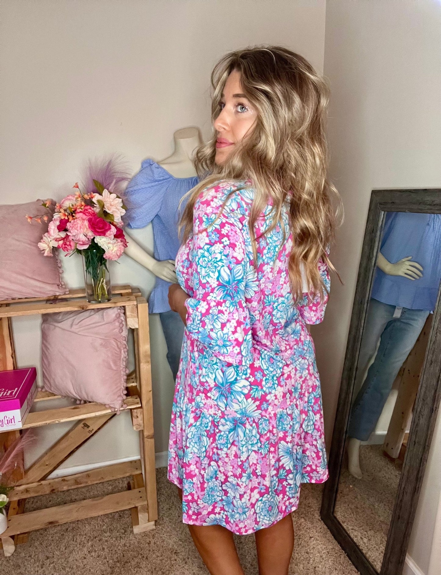 3/4 Pink Floral Dress - TheRusticAttic