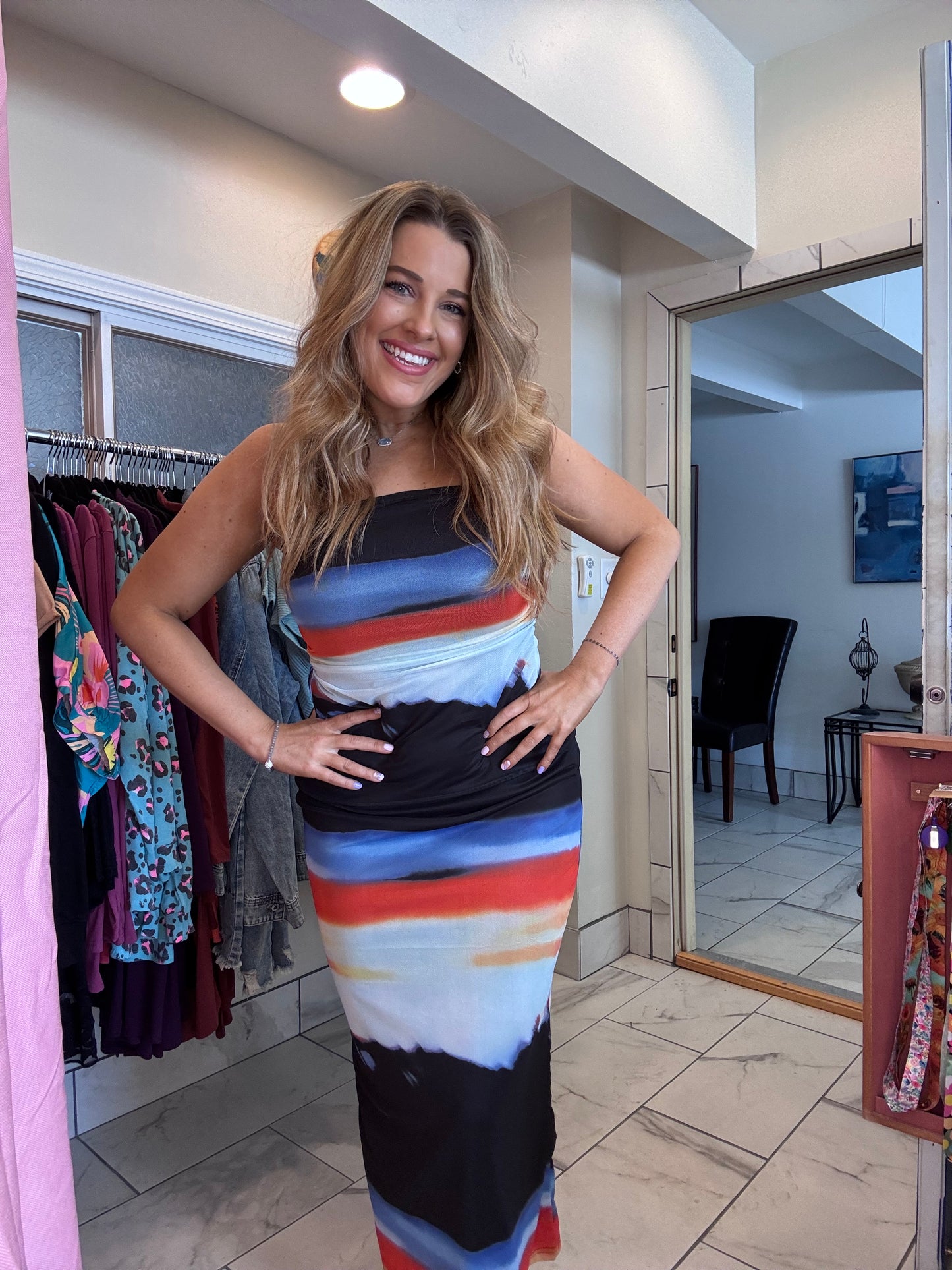 STRAPLESS MESH MAXI DRESS: Navy Multi / M