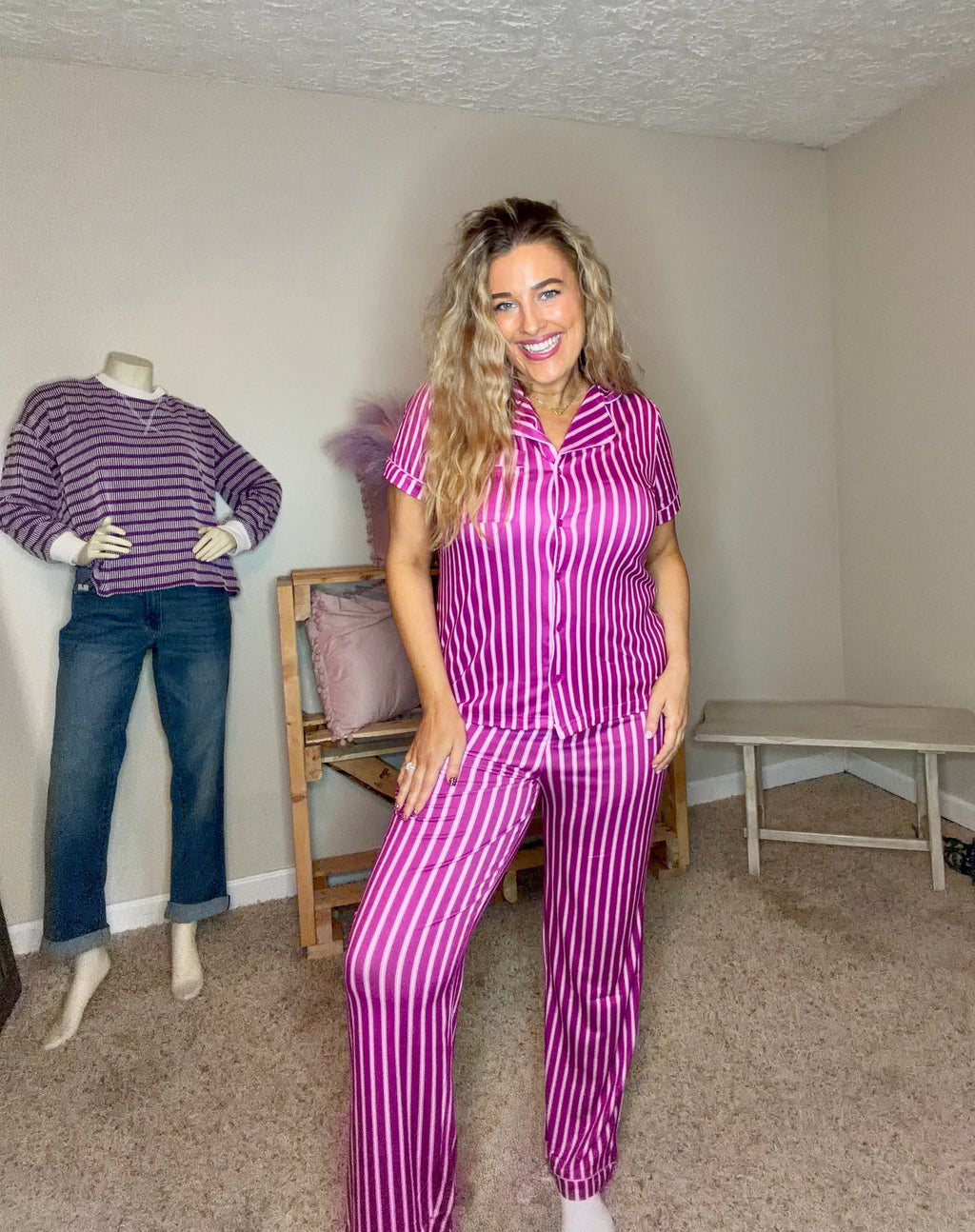 Hot Pink Striped Jersey Knit Pajama Set