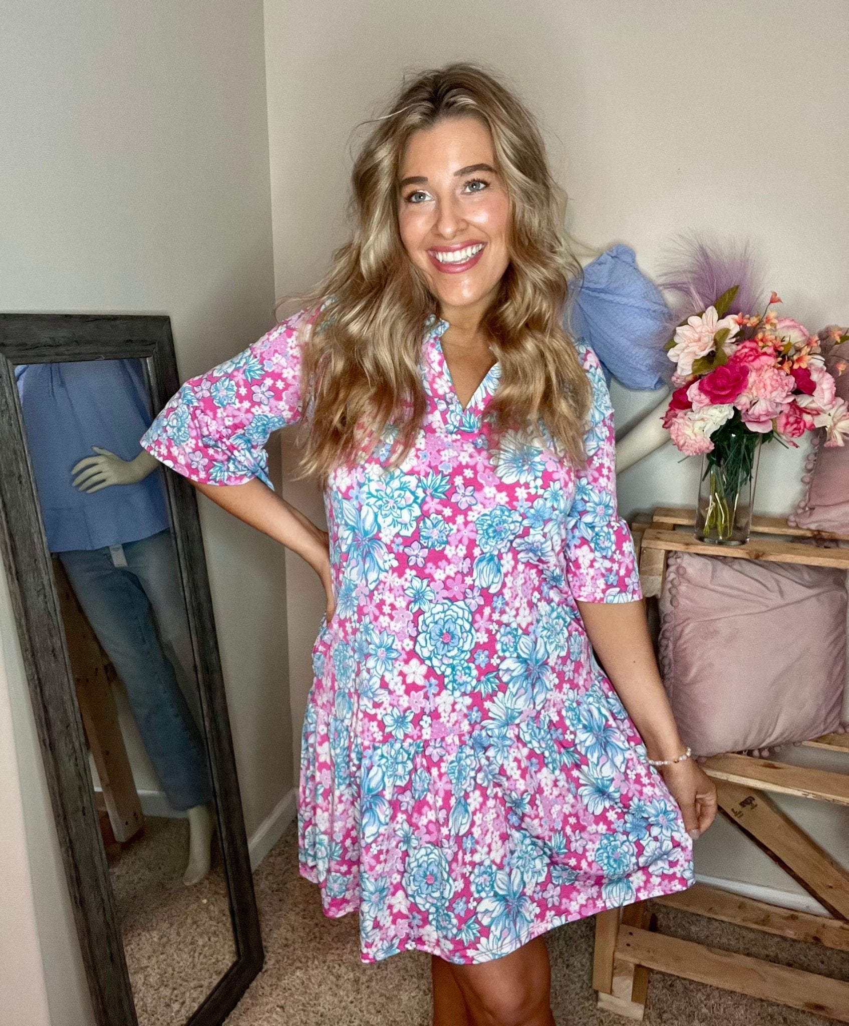 3/4 Pink Floral Dress - TheRusticAttic