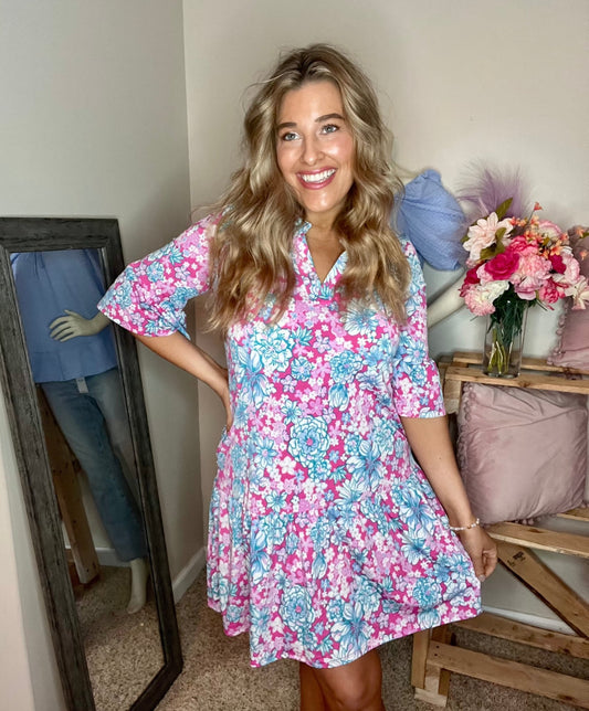 3/4 Pink Floral Dress - TheRusticAttic