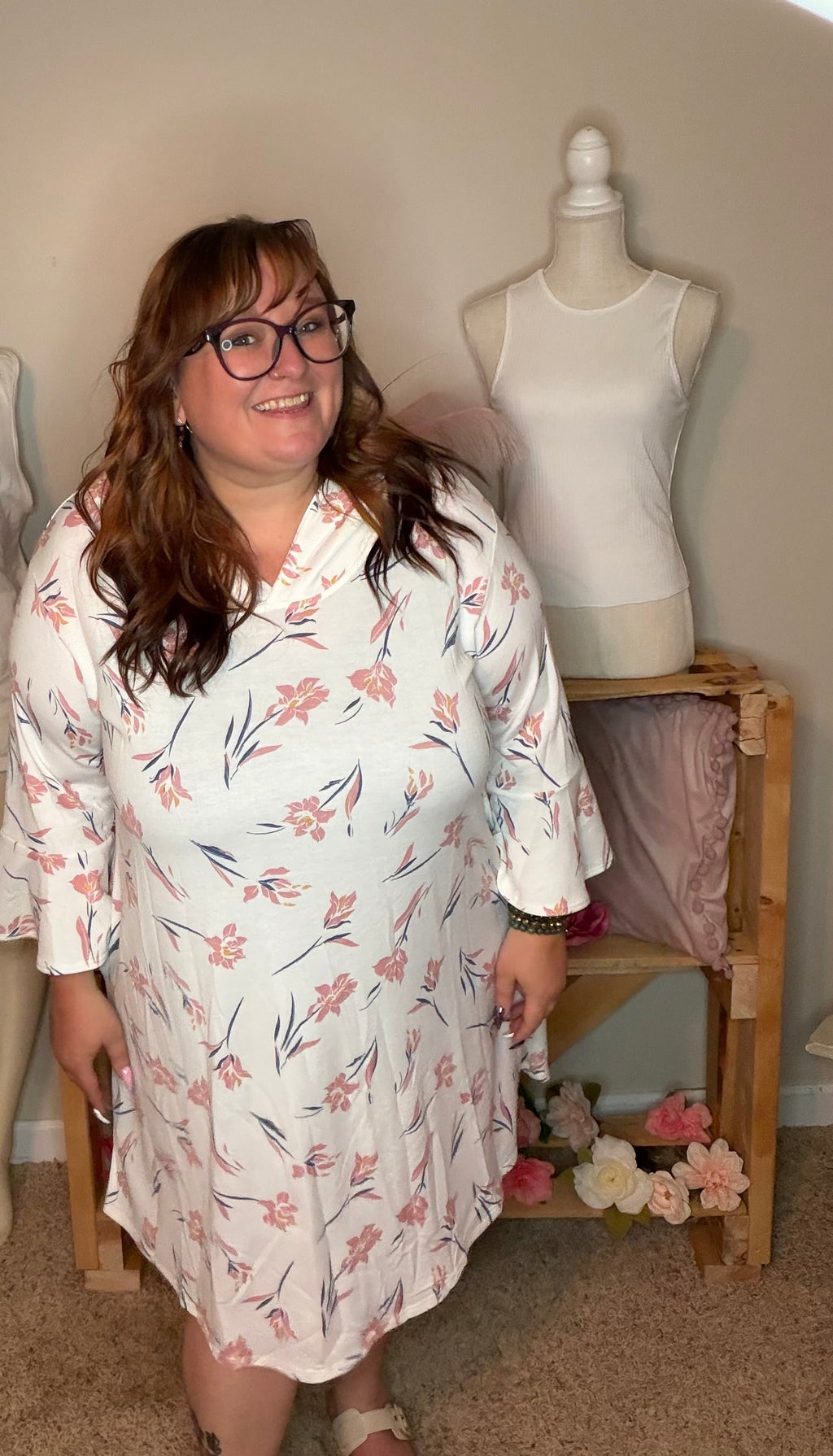 Side and back view of ivory pink floral hooded dress