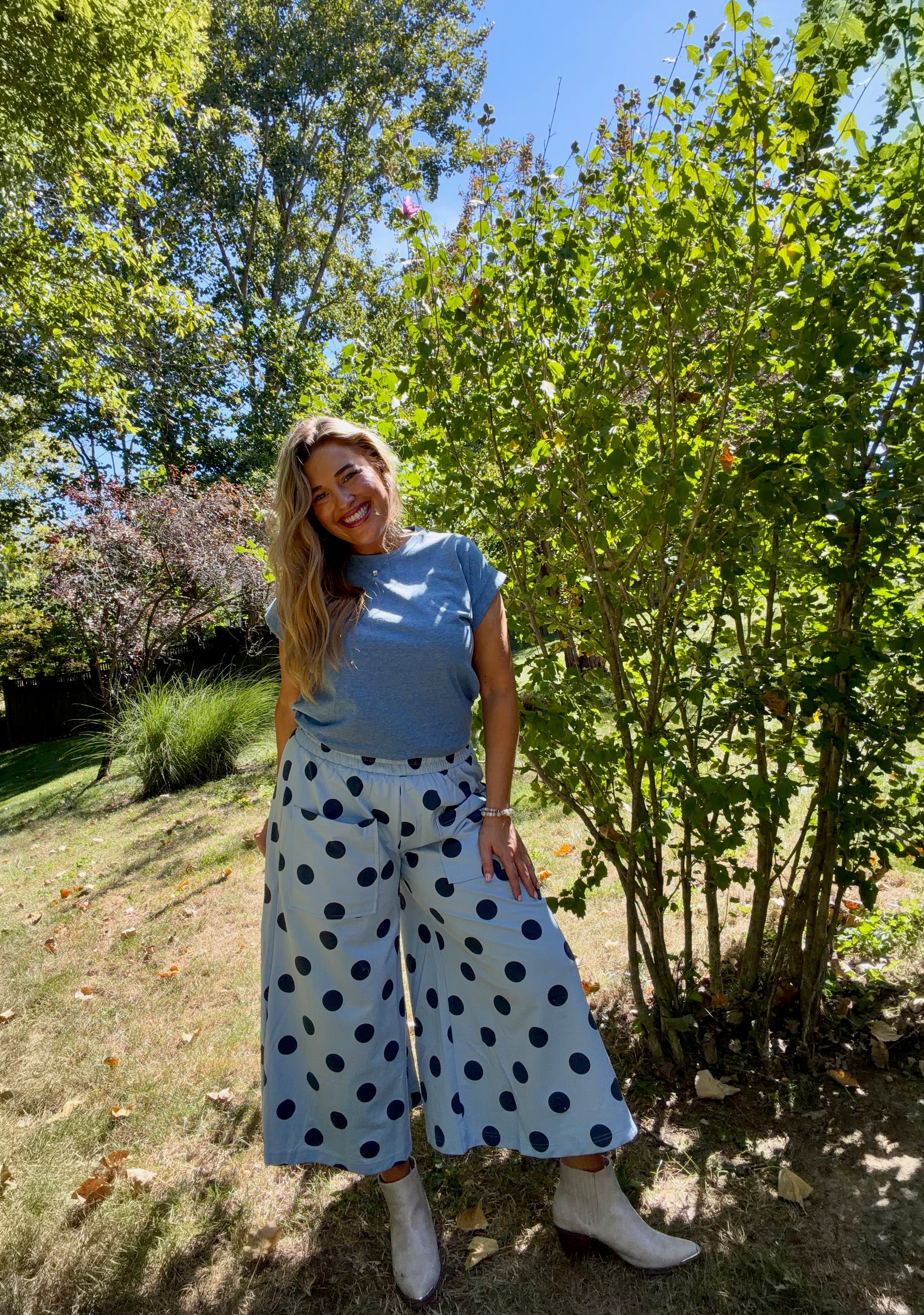 Blue Polka Dot Wide-Leg Pants