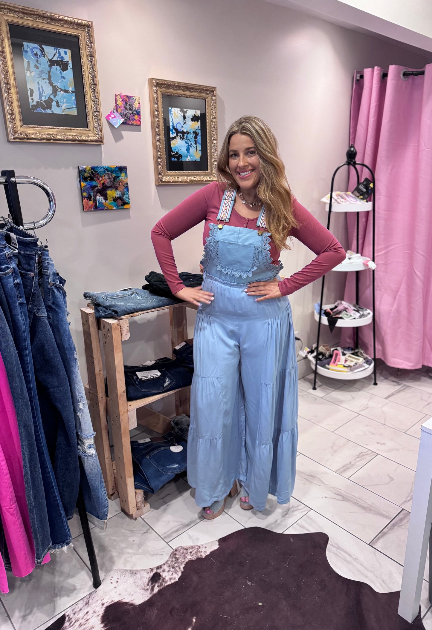 Embroidered Strap Flowy Jumpsuit: Blue /