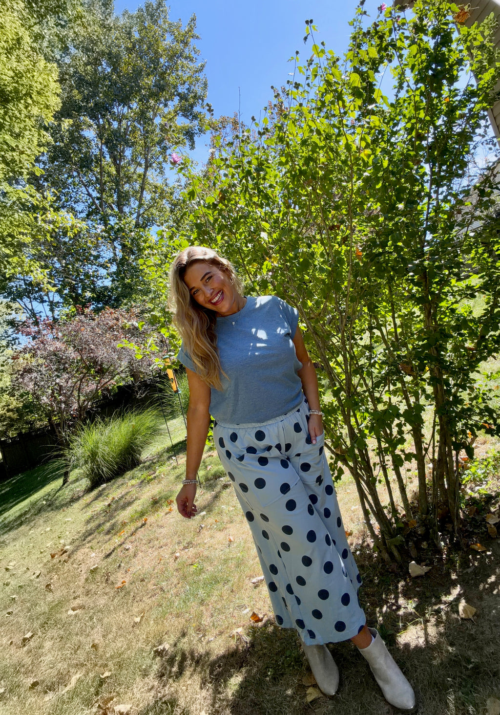 Blue Polka Dot Wide-Leg Pants
