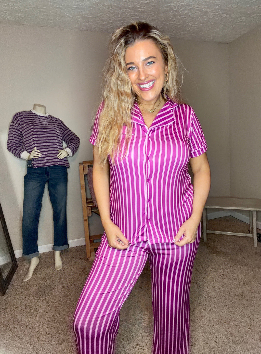 Hot Pink Striped Jersey Knit Pajama Set