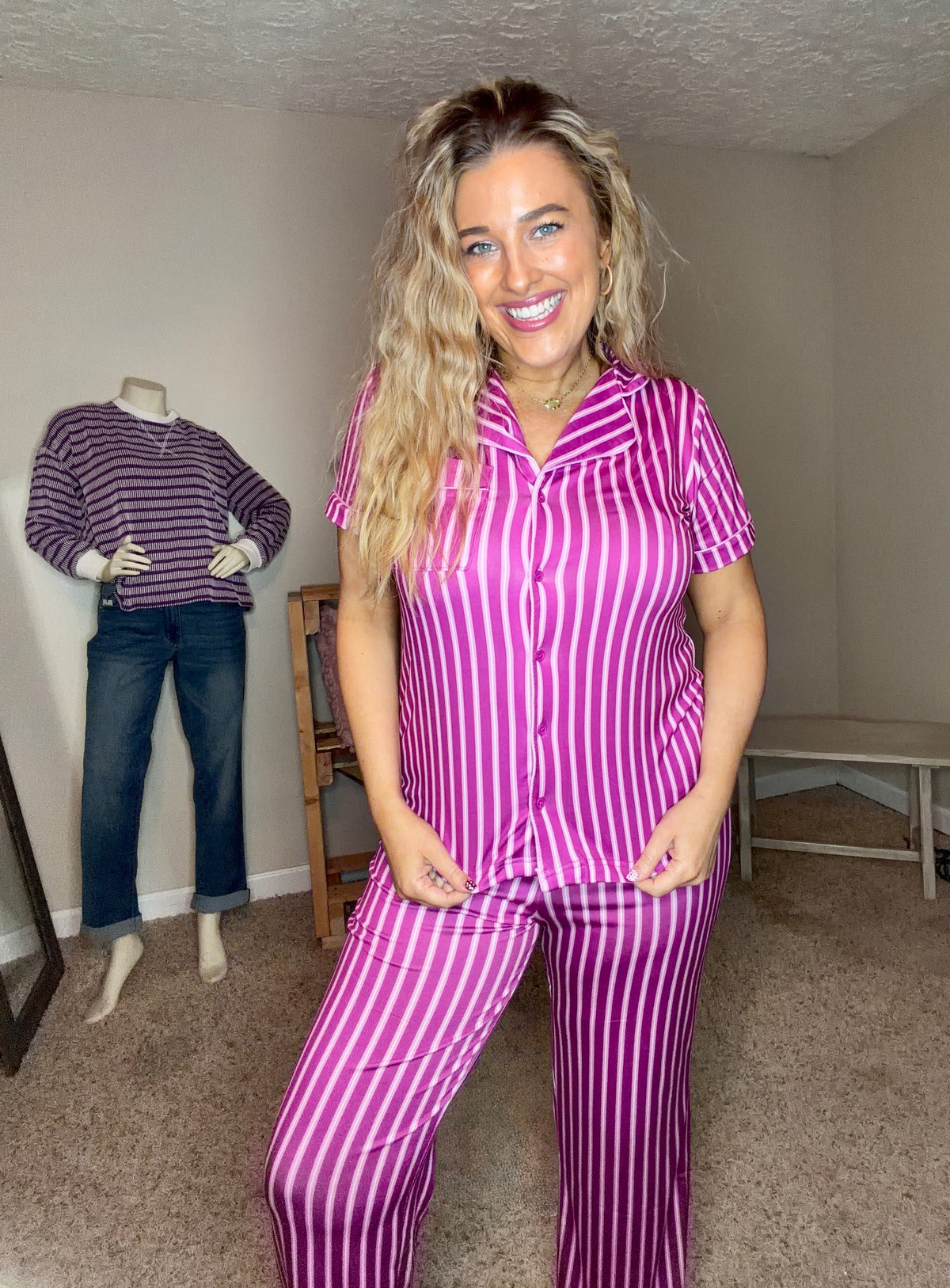 Hot Pink Striped Jersey Knit Pajama Set