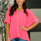Counter Part Crinkle Woven V-Neck Top in Neon Fuchsia