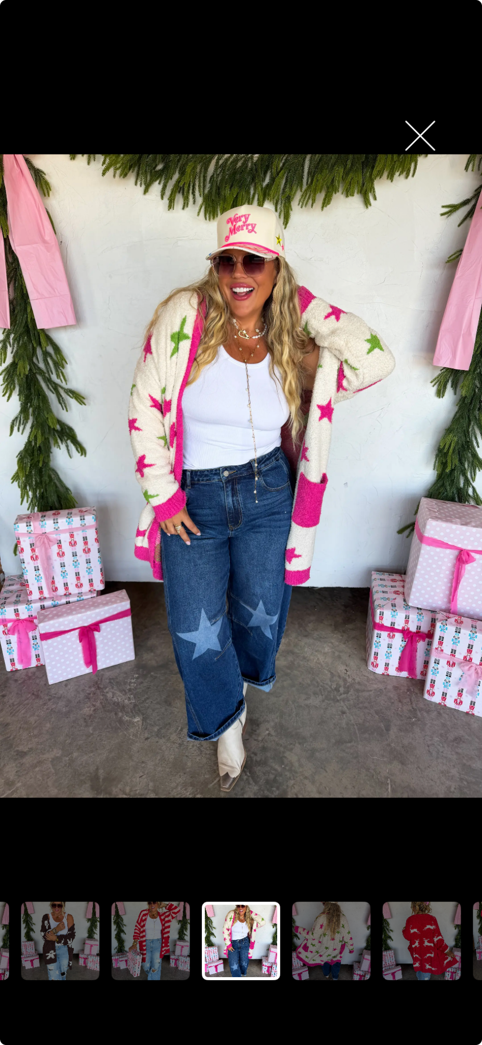 Blakley Christmas Cloud Cardigan, Pink & Green Stars | Preorder - TheRusticAttic