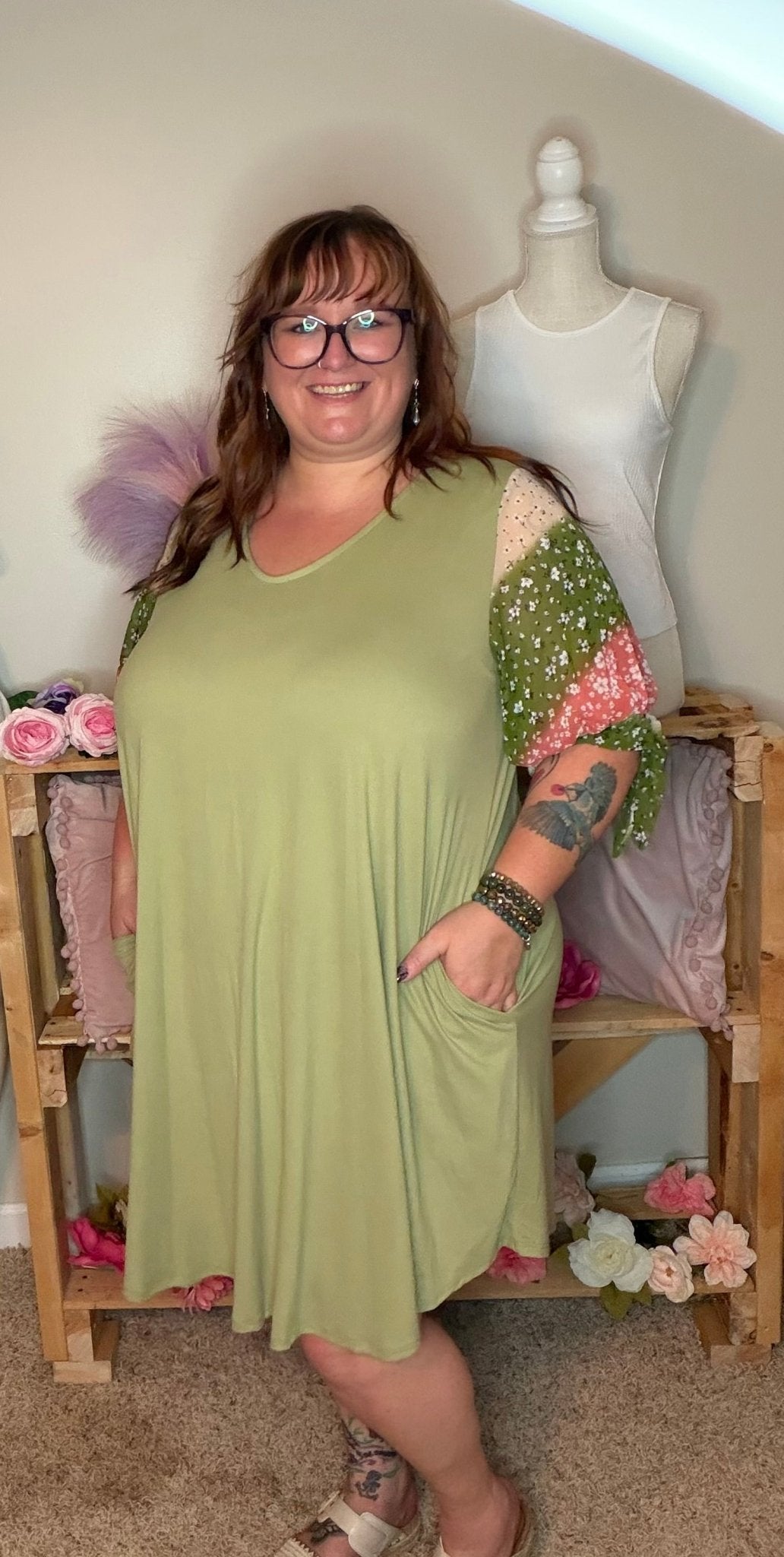 Olive Floral Sleeve Pocket Dress - TheRusticAttic
