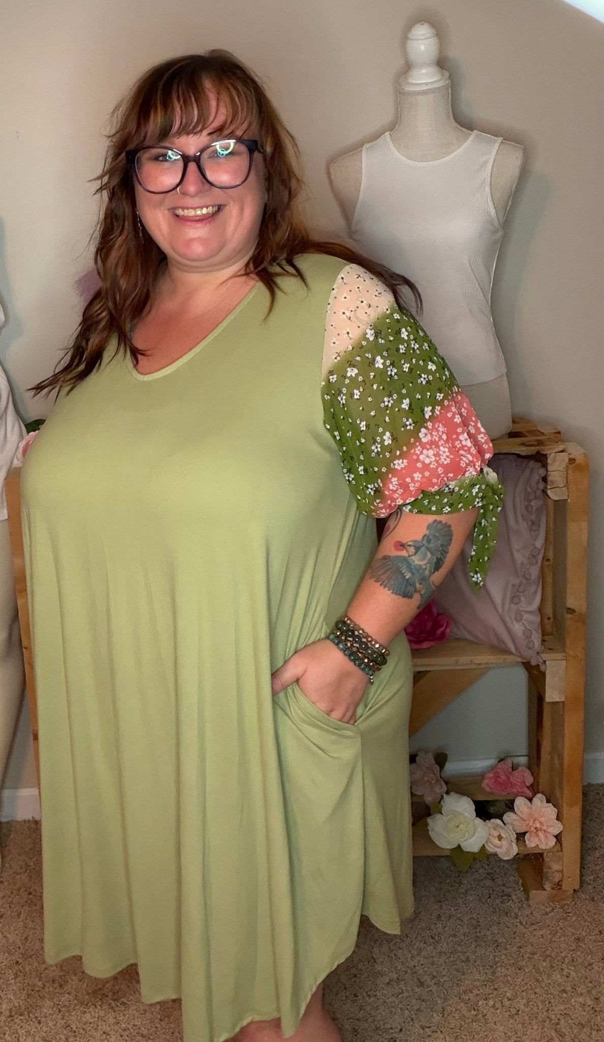 Olive Floral Sleeve Pocket Dress - TheRusticAttic