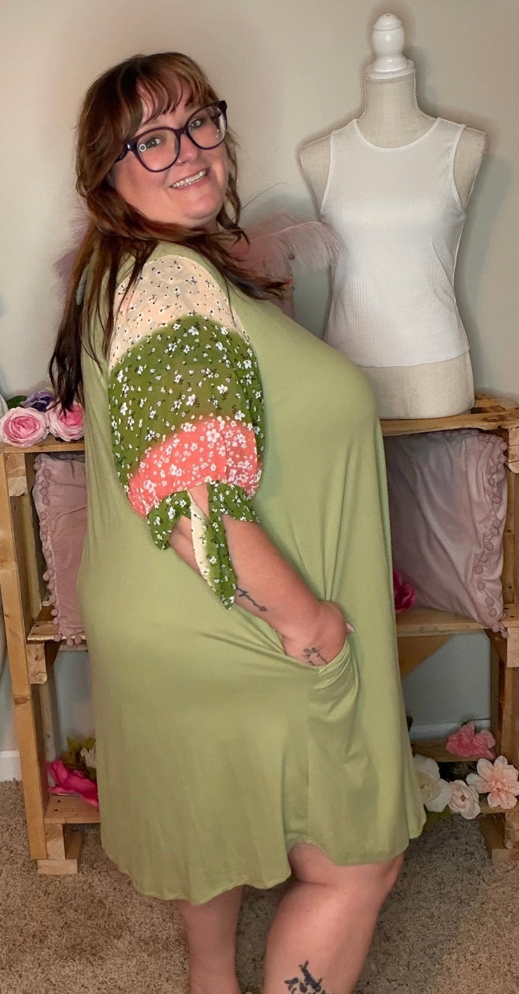Olive Floral Sleeve Pocket Dress - TheRusticAttic