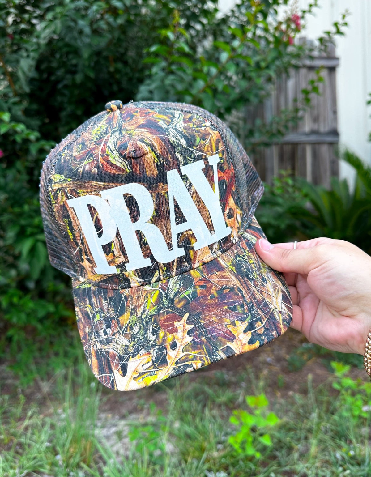 PRAY (white font) Real Camo Canvas Trucker Hat - TheRusticAttic