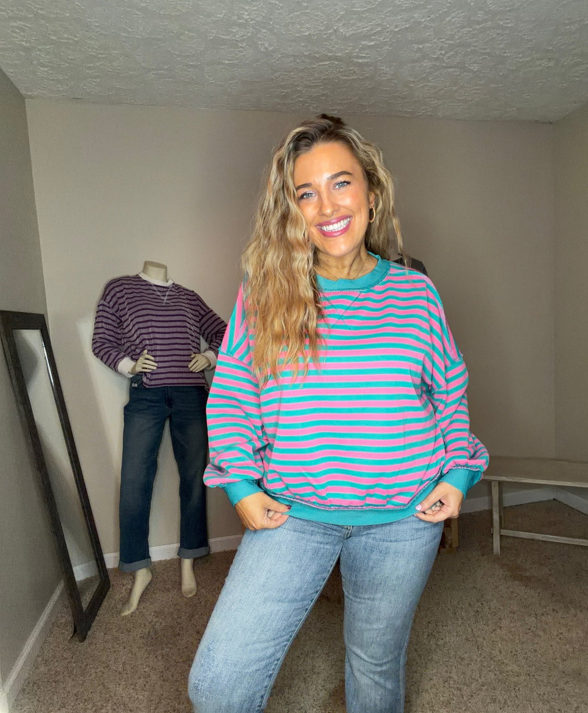 Teal & Pink Stripe Sweatshirt - TheRusticAttic